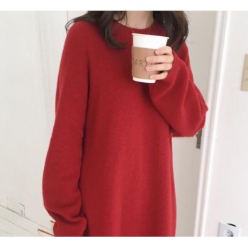 Women Autumn Winter Long Sleeve Long Sweater Dress Female Pullover Straight Knitted Solid Korean Clothes Plus Size Robe Femme