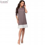 2019 Summer Work Wear Dress Fashion Blue Khaki Patchwork Casual Style Straight Short Dress Office Half Sleeve O-Neck Mini Dress