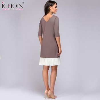 2019 Summer Work Wear Dress Fashion Blue Khaki Patchwork Casual Style Straight Short Dress Office Half Sleeve O-Neck Mini Dress