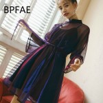 New Harajuku Laser Chinese Style Buttons Long Sleeve See Through Mesh Cheongsam Dress Purple/Green/Pink Belted Sunscreen Dresses