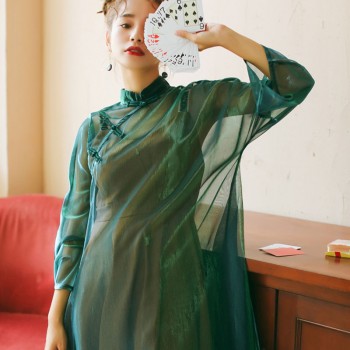 New Harajuku Laser Chinese Style Buttons Long Sleeve See Through Mesh Cheongsam Dress Purple/Green/Pink Belted Sunscreen Dresses