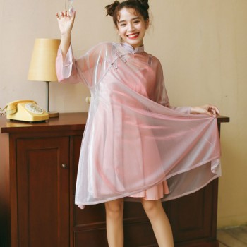 New Harajuku Laser Chinese Style Buttons Long Sleeve See Through Mesh Cheongsam Dress Purple/Green/Pink Belted Sunscreen Dresses