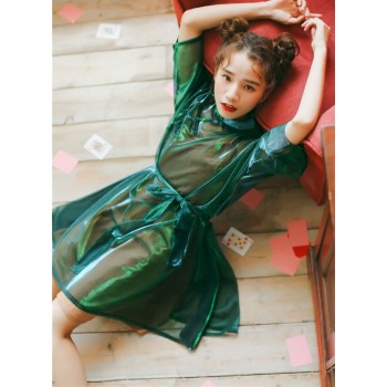 New Harajuku Laser Chinese Style Buttons Long Sleeve See Through Mesh Cheongsam Dress Purple/Green/Pink Belted Sunscreen Dresses