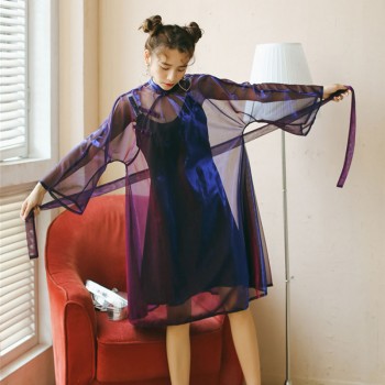 New Harajuku Laser Chinese Style Buttons Long Sleeve See Through Mesh Cheongsam Dress Purple/Green/Pink Belted Sunscreen Dresses