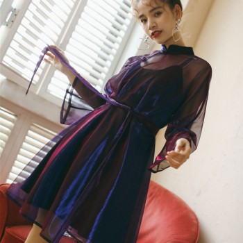 New Harajuku Laser Chinese Style Buttons Long Sleeve See Through Mesh Cheongsam Dress Purple/Green/Pink Belted Sunscreen Dresses