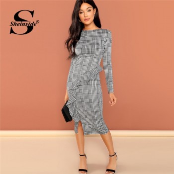 Sheinside Black and White Office Ruffle Detail Split Plaid Dress Elegant Sheath Long Sleeve Slim Dresses Women Work Midi Dresses