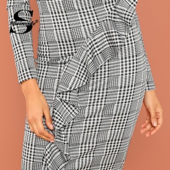 Sheinside Black and White Office Ruffle Detail Split Plaid Dress Elegant Sheath Long Sleeve Slim Dresses Women Work Midi Dresses