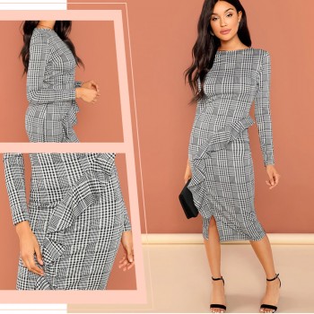 Sheinside Black and White Office Ruffle Detail Split Plaid Dress Elegant Sheath Long Sleeve Slim Dresses Women Work Midi Dresses