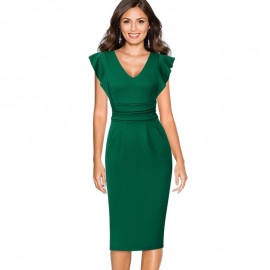 Vfemage Womens Elegant Ruched Flouce Ruffle Flutter Sleeve Work Business Office Cocktail Party Fitted Bodycon Pencil Dress 2355