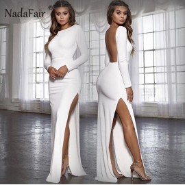 Nadafair backless women sexy long party dress vestidos spring long sleeve high side split bodycon maxi dress elegant white black