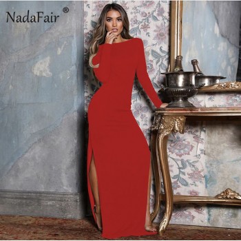 Nadafair backless women sexy long party dress vestidos spring long sleeve high side split bodycon maxi dress elegant white black