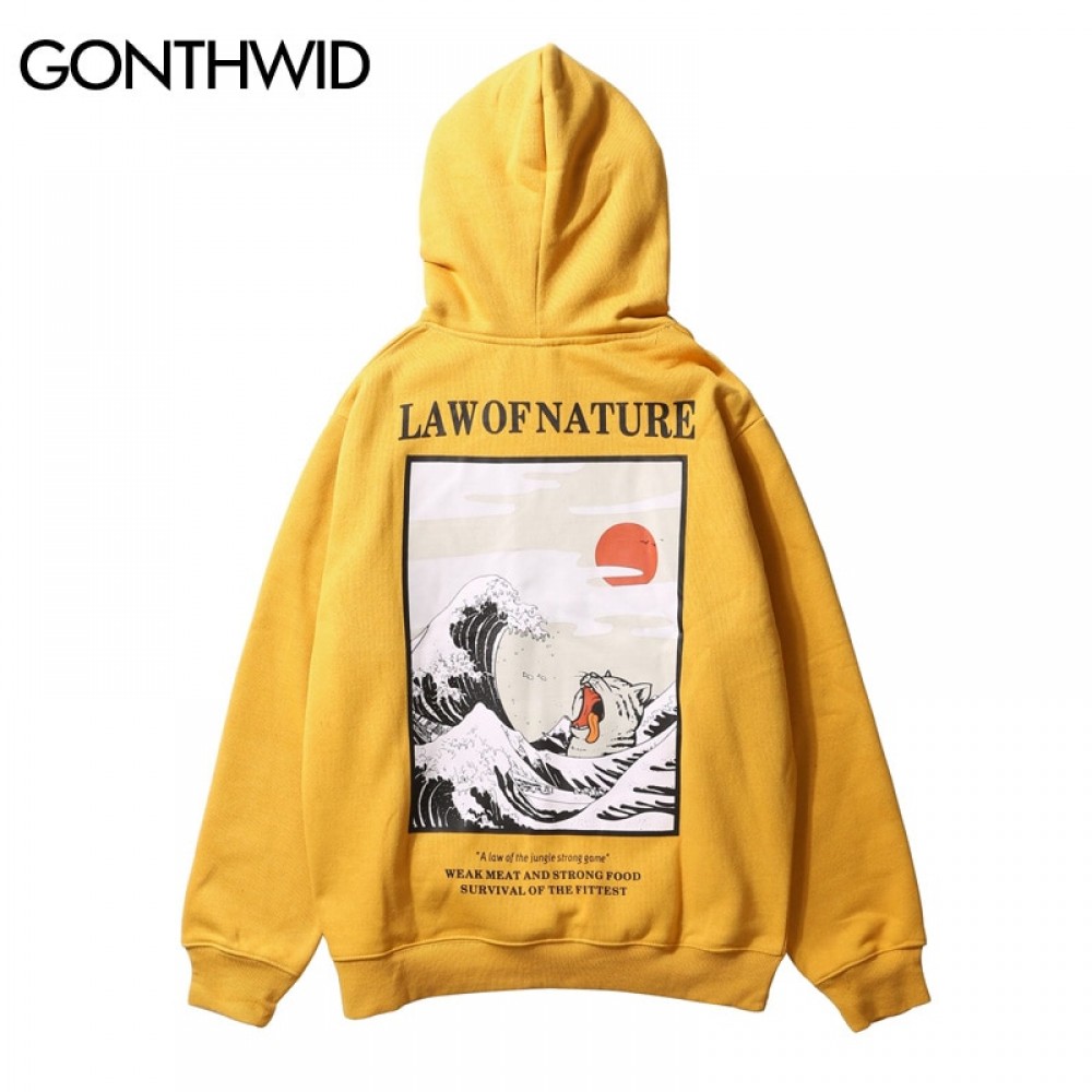 GONTHWID Japanese Embroidery Funny Cat Wave Printed Fleece Hoodies 2018 Winter Japan Style Hip Hop Casual Sweatshirts Streetwear