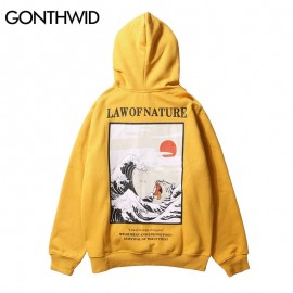 GONTHWID Japanese Embroidery Funny Cat Wave Printed Fleece Hoodies 2018 Winter Japan Style Hip Hop Casual Sweatshirts Streetwear