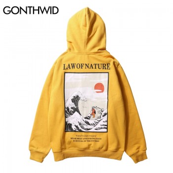 GONTHWID Japanese Embroidery Funny Cat Wave Printed Fleece Hoodies 2018 Winter Japan Style Hip Hop Casual Sweatshirts Streetwear