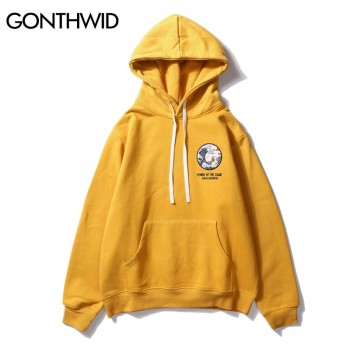 GONTHWID Japanese Embroidery Funny Cat Wave Printed Fleece Hoodies 2018 Winter Japan Style Hip Hop Casual Sweatshirts Streetwear