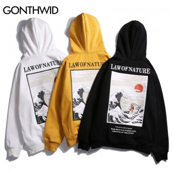 GONTHWID Japanese Embroidery Funny Cat Wave Printed Fleece Hoodies 2018 Winter Japan Style Hip Hop Casual Sweatshirts Streetwear