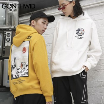 GONTHWID Japanese Embroidery Funny Cat Wave Printed Fleece Hoodies 2018 Winter Japan Style Hip Hop Casual Sweatshirts Streetwear