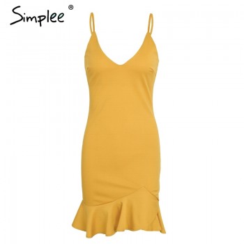 Simplee Sexy v neck ruffle strap mini dress women Skinny black mermaid dress 2018 Summer dress bodycon party vestido