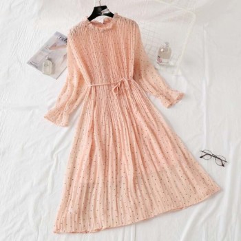Women Print Pleated Chiffon Dress 2019 Spring Summer New Hot Fashion Female Casual Flare Sleeve Lotus leaf neck Basic Dresses