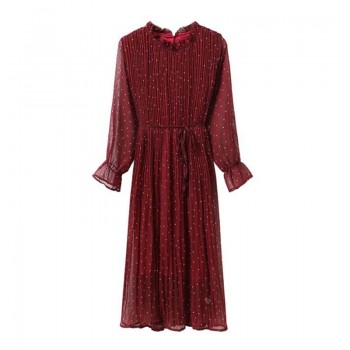 Women Print Pleated Chiffon Dress 2019 Spring Summer New Hot Fashion Female Casual Flare Sleeve Lotus leaf neck Basic Dresses
