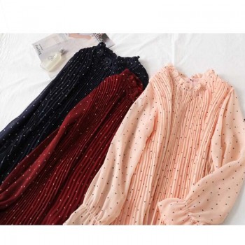 Women Print Pleated Chiffon Dress 2019 Spring Summer New Hot Fashion Female Casual Flare Sleeve Lotus leaf neck Basic Dresses
