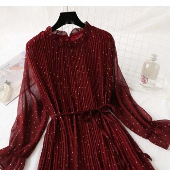 Women Print Pleated Chiffon Dress 2019 Spring Summer New Hot Fashion Female Casual Flare Sleeve Lotus leaf neck Basic Dresses