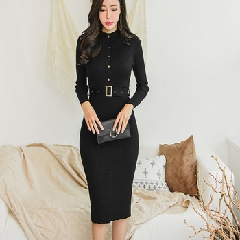 Elegant Single Breasted Women Sweater Dress O-neck Full Sleeve Sashes Stretch Vestidos Female Knee-length Knitted Dress 2018