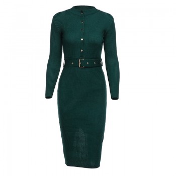 Elegant Single Breasted Women Sweater Dress O-neck Full Sleeve Sashes Stretch Vestidos Female Knee-length Knitted Dress 2018