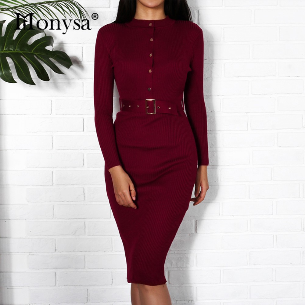 Women Midi Sweater Dress Autumn Winter 2018 New Fashion Button Long Sleeve Pencil Dress Knitted Women Bodycon Dress Black Red