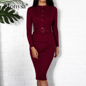 Women Midi Sweater Dress Autumn Winter 2018 New Fashion Button Long Sleeve Pencil Dress Knitted Women Bodycon Dress Black Red