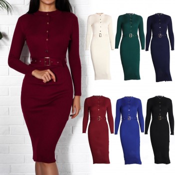 Women Midi Sweater Dress Autumn Winter 2018 New Fashion Button Long Sleeve Pencil Dress Knitted Women Bodycon Dress Black Red
