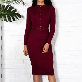 Women Midi Sweater Dress Autumn Winter 2018 New Fashion Button Long Sleeve Pencil Dress Knitted Women Bodycon Dress Black Red