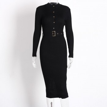 Women Midi Sweater Dress Autumn Winter 2018 New Fashion Button Long Sleeve Pencil Dress Knitted Women Bodycon Dress Black Red
