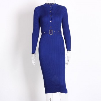 Women Midi Sweater Dress Autumn Winter 2018 New Fashion Button Long Sleeve Pencil Dress Knitted Women Bodycon Dress Black Red