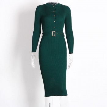 Women Midi Sweater Dress Autumn Winter 2018 New Fashion Button Long Sleeve Pencil Dress Knitted Women Bodycon Dress Black Red