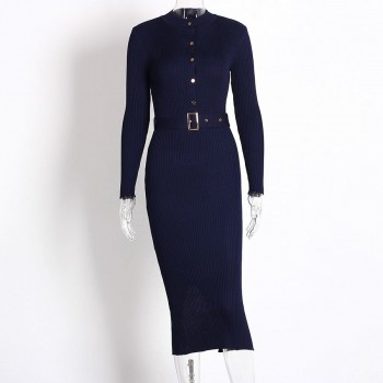 Women Midi Sweater Dress Autumn Winter 2018 New Fashion Button Long Sleeve Pencil Dress Knitted Women Bodycon Dress Black Red