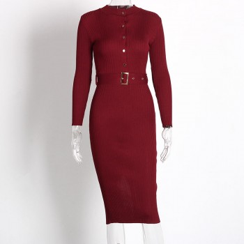 Women Midi Sweater Dress Autumn Winter 2018 New Fashion Button Long Sleeve Pencil Dress Knitted Women Bodycon Dress Black Red