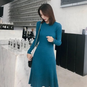 2018 Woman elegant  Autumn Winter sweater Dress Solid Women long Thick Dress Sweater Full Sleeve long A-Line robe Knit Dress