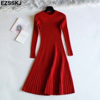 2018 Woman elegant  Autumn Winter sweater Dress Solid Women long Thick Dress Sweater Full Sleeve long A-Line robe Knit Dress