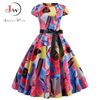 Red Party Dress Women Elegant Short Sleeve Floral Print Vintage Dresses Robe Femme 2019 Summer New Midi Bodycon Dress Plus Size