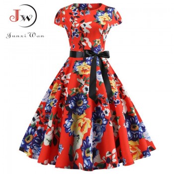 Red Party Dress Women Elegant Short Sleeve Floral Print Vintage Dresses Robe Femme 2019 Summer New Midi Bodycon Dress Plus Size