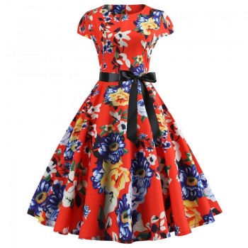 Red Party Dress Women Elegant Short Sleeve Floral Print Vintage Dresses Robe Femme 2019 Summer New Midi Bodycon Dress Plus Size
