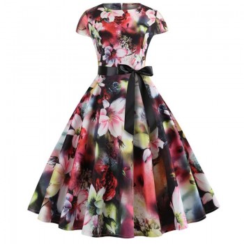 Red Party Dress Women Elegant Short Sleeve Floral Print Vintage Dresses Robe Femme 2019 Summer New Midi Bodycon Dress Plus Size