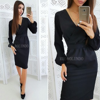 2019 Spring Women V-Neck Lantern Sleeve Pencil Dress Office Lady Elegant Solid Bodycon Dress Long Sleeve Sexy Party Dresses