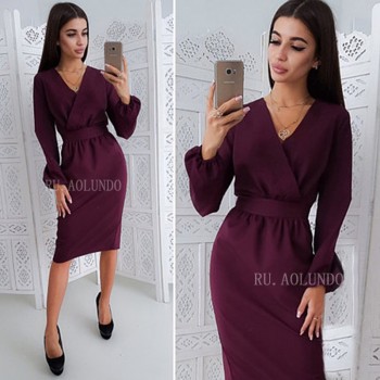 2019 Spring Women V-Neck Lantern Sleeve Pencil Dress Office Lady Elegant Solid Bodycon Dress Long Sleeve Sexy Party Dresses