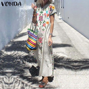 VONDA Women Floral Printed Dress 2019 Summer Sexy V Neck Short Sleeve Tassel Party Maxi Dresses Vintage Casual Vestido Plus Size