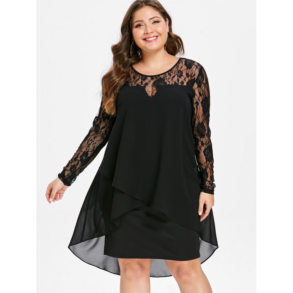 Wipalo Women Plus Size Sheer Lace Sleeve High Low Hem Dress Casual Solid Asymmetric Splicing Dress Spring Autumn Party Vestidos