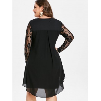 Wipalo Women Plus Size Sheer Lace Sleeve High Low Hem Dress Casual Solid Asymmetric Splicing Dress Spring Autumn Party Vestidos