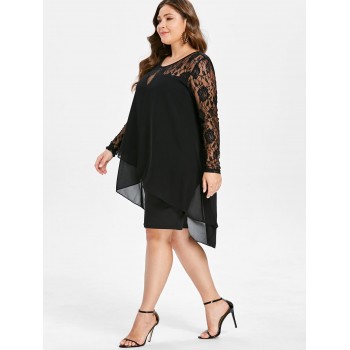 Wipalo Women Plus Size Sheer Lace Sleeve High Low Hem Dress Casual Solid Asymmetric Splicing Dress Spring Autumn Party Vestidos