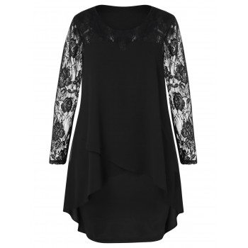 Wipalo Women Plus Size Sheer Lace Sleeve High Low Hem Dress Casual Solid Asymmetric Splicing Dress Spring Autumn Party Vestidos